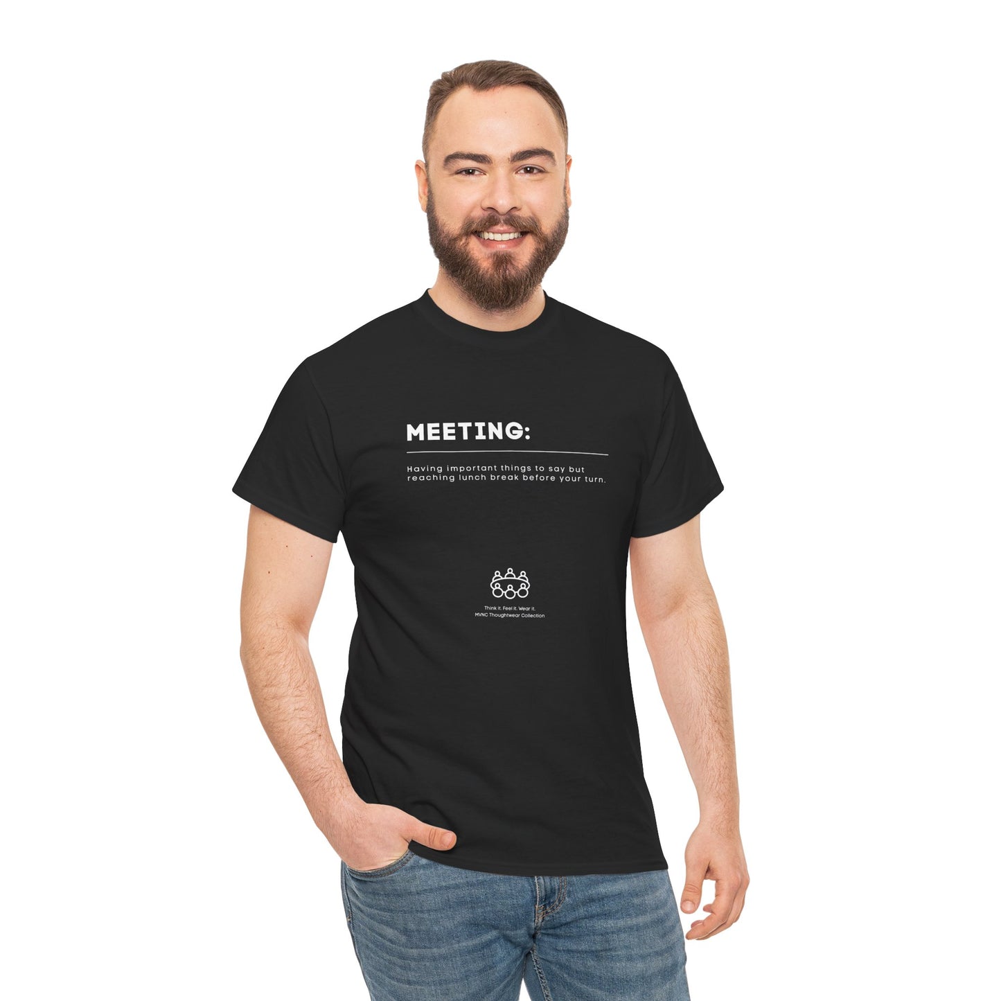 Unisex wit T-shirt met de tekst: Meeting – grappige quote over vergader survivors, humor voor kantoorhelden